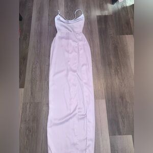 Long white silk high slit spaghetti strap open back dress. Women’s size XS